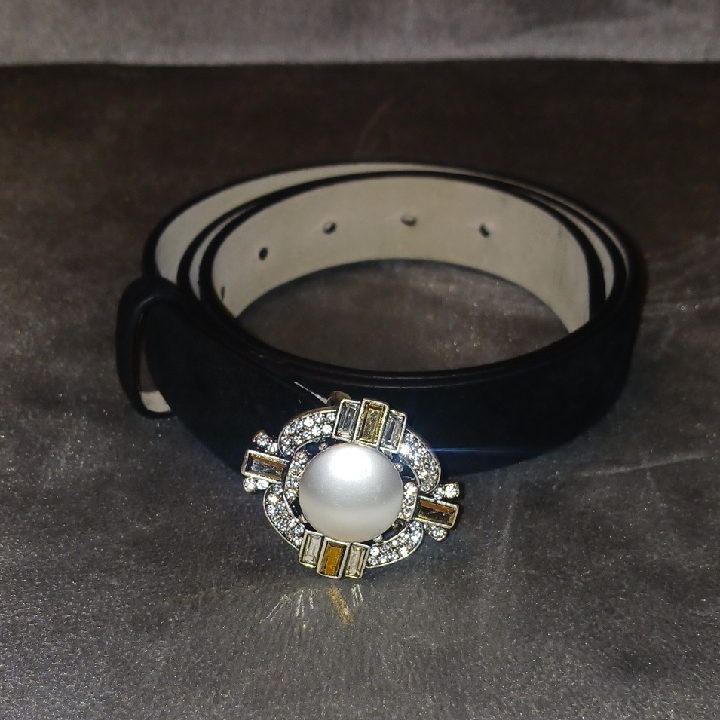 White House Black Market Black Belt With Pearl And Rhinestone Buckle